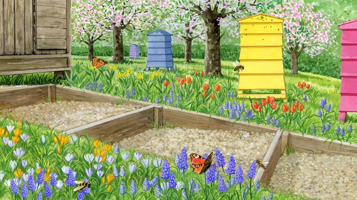 Colorful beehives amid flowers and trees in a garden by Ruth Palmer