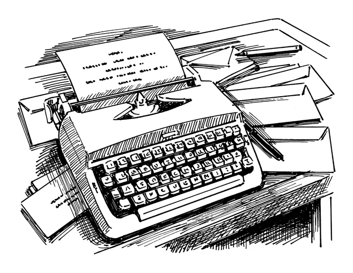 Vintage typewriter with paper and pens on a cluttered desk sketch