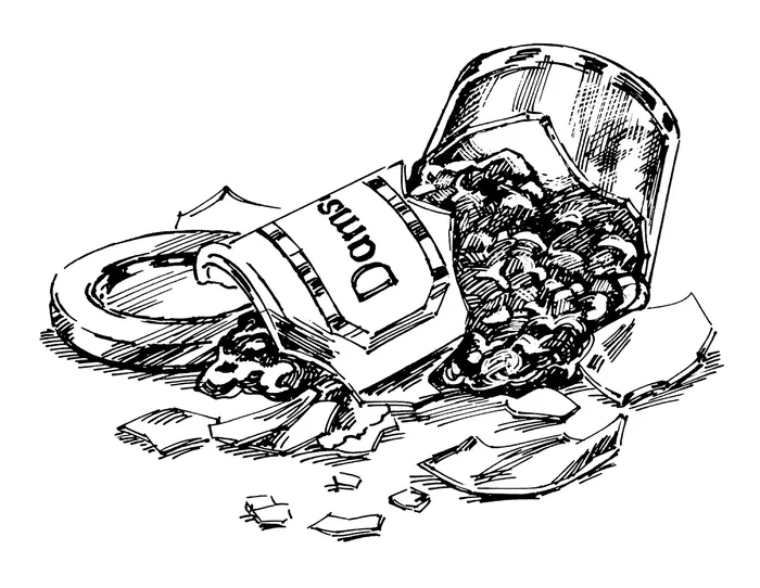 Broken glass spilling coffee beans with coffee ring stain