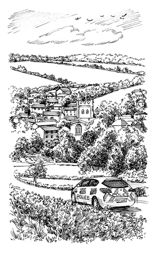 Ink sketch of police car near rural village and farmland under cloudy sky