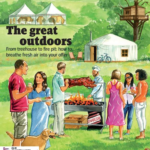 People enjoying barbecue outdoors with tents and treehouse in background