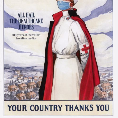 Illustration of a nurse wearing a mask and red cross cape.