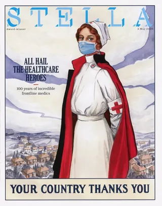 Illustration of a nurse wearing a mask and red cross cape.