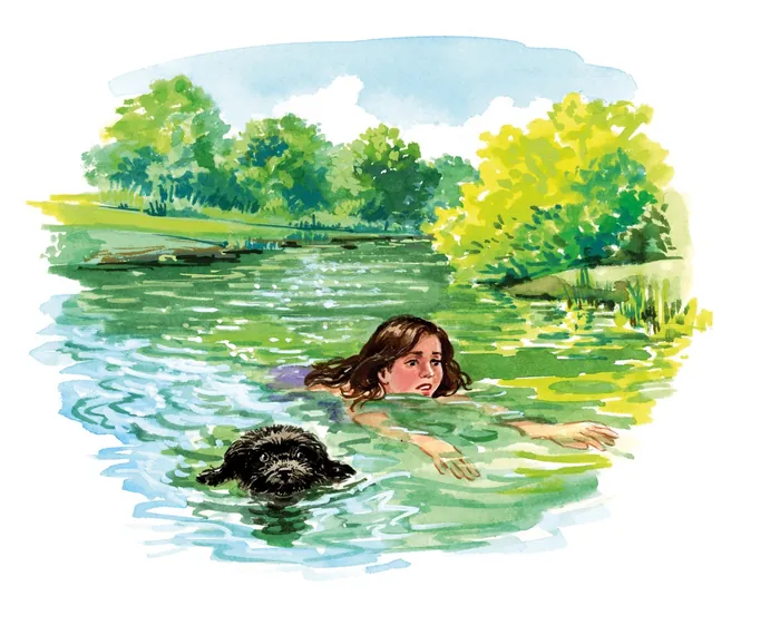 Woman swimming in a lake with a black dog in green surroundings