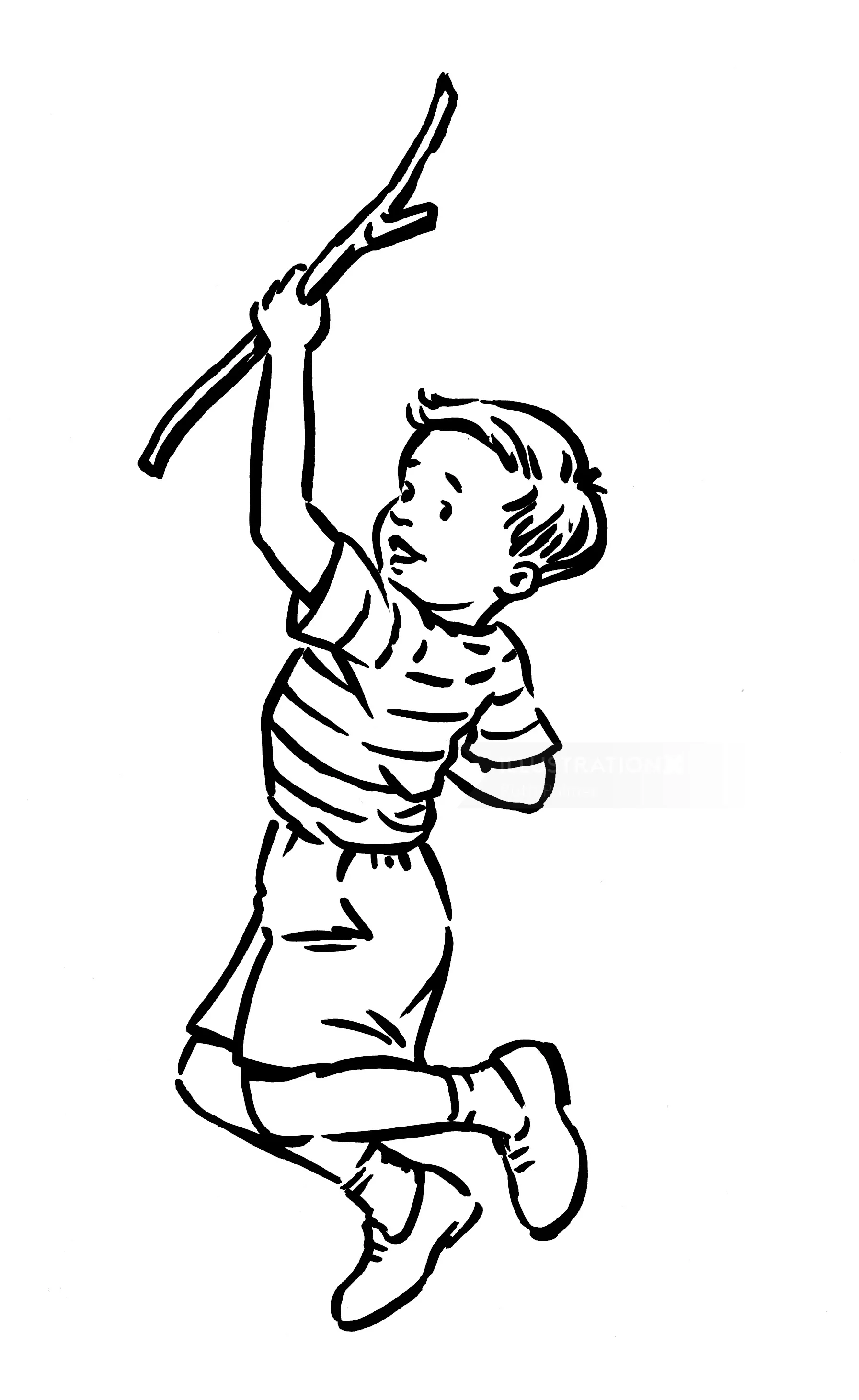 Illustration of a boy jumping with a stick in hand by Ruth Palmer