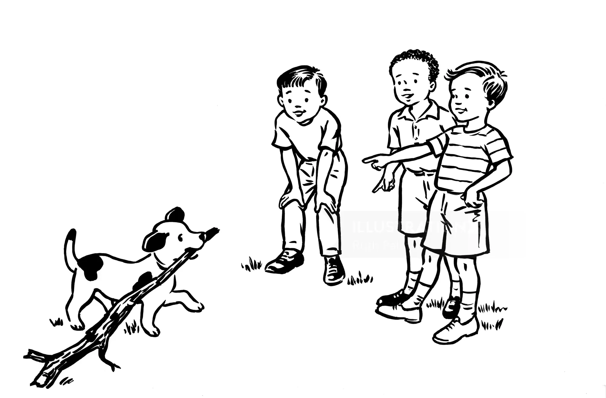 Illustration eines Hundes mit Stock und drei zusehenden Kindern von Ruth Palmer