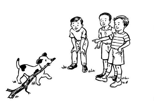 Illustration of dog with stick and three children watching by Ruth Palmer