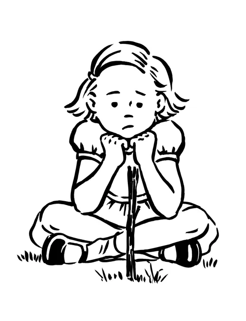 Sad young girl sitting cross-legged on grass holding a stick by Ruth Palmer