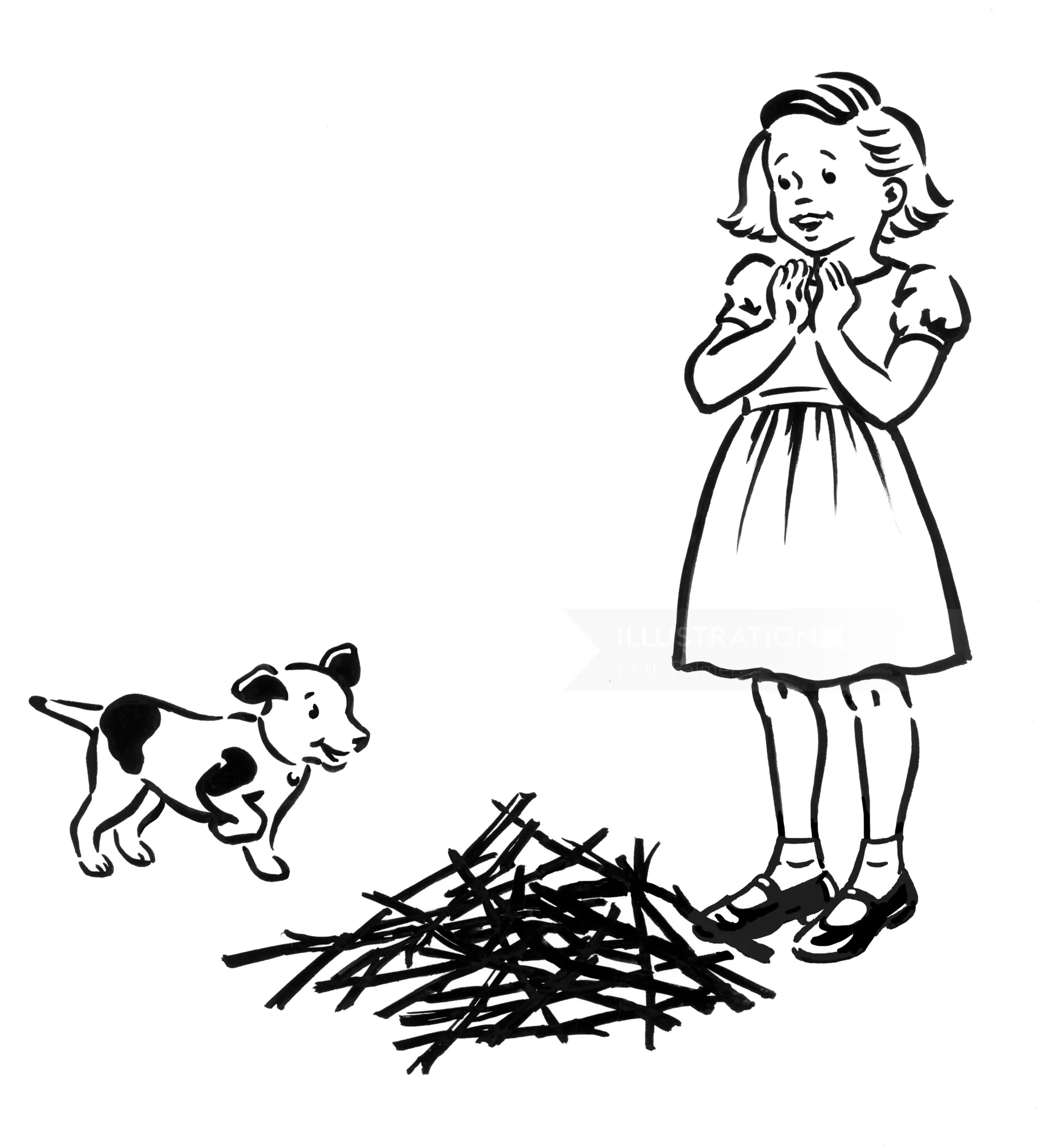 Illustration of a girl and small dog by a pile of sticks by Ruth Palmer