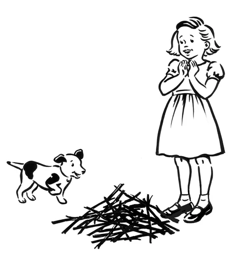 Illustration of a girl and small dog by a pile of sticks by Ruth Palmer