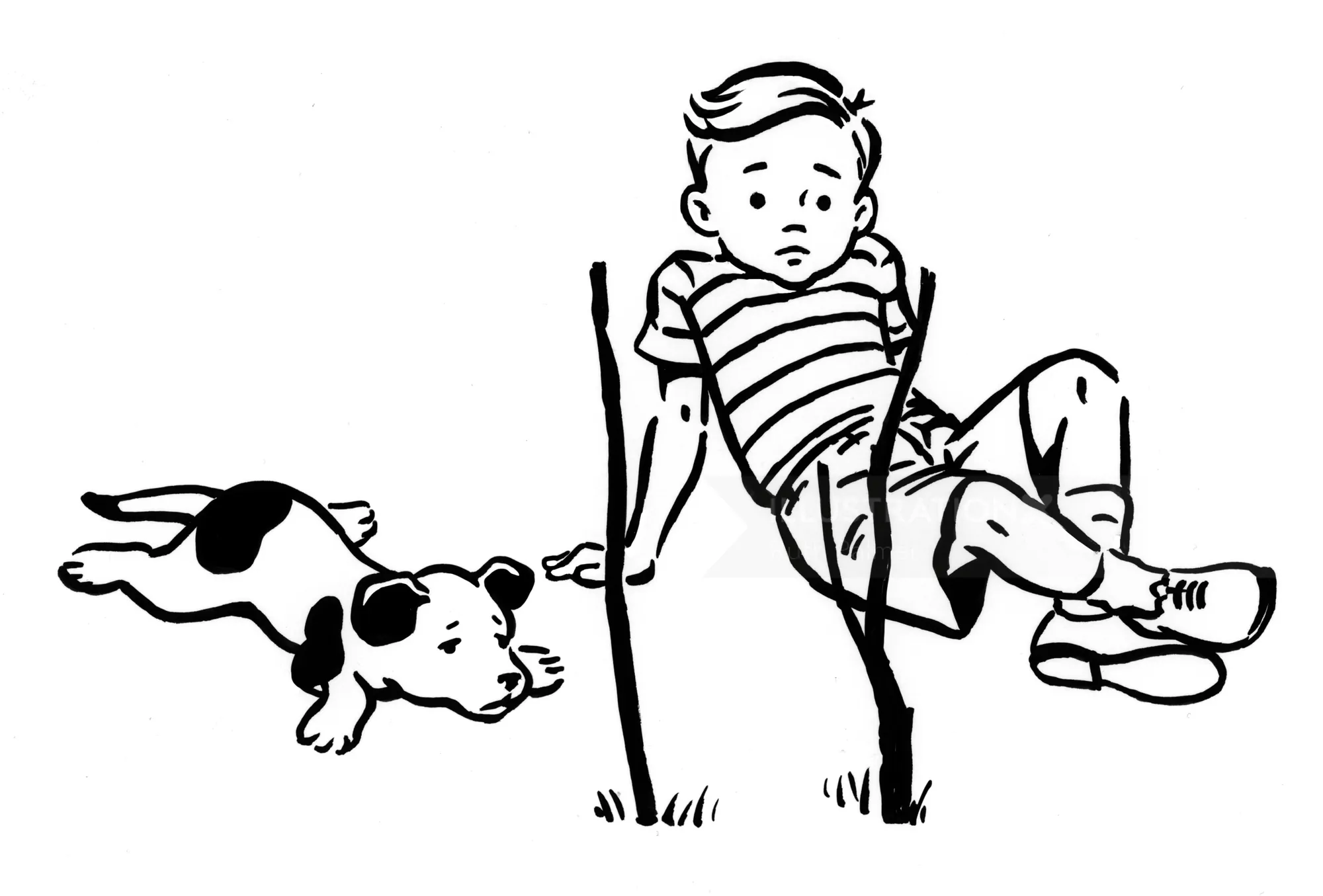 Illustration eines Jungen, der sich in einer Hundeleine verheddert hat, von Ruth Palmer