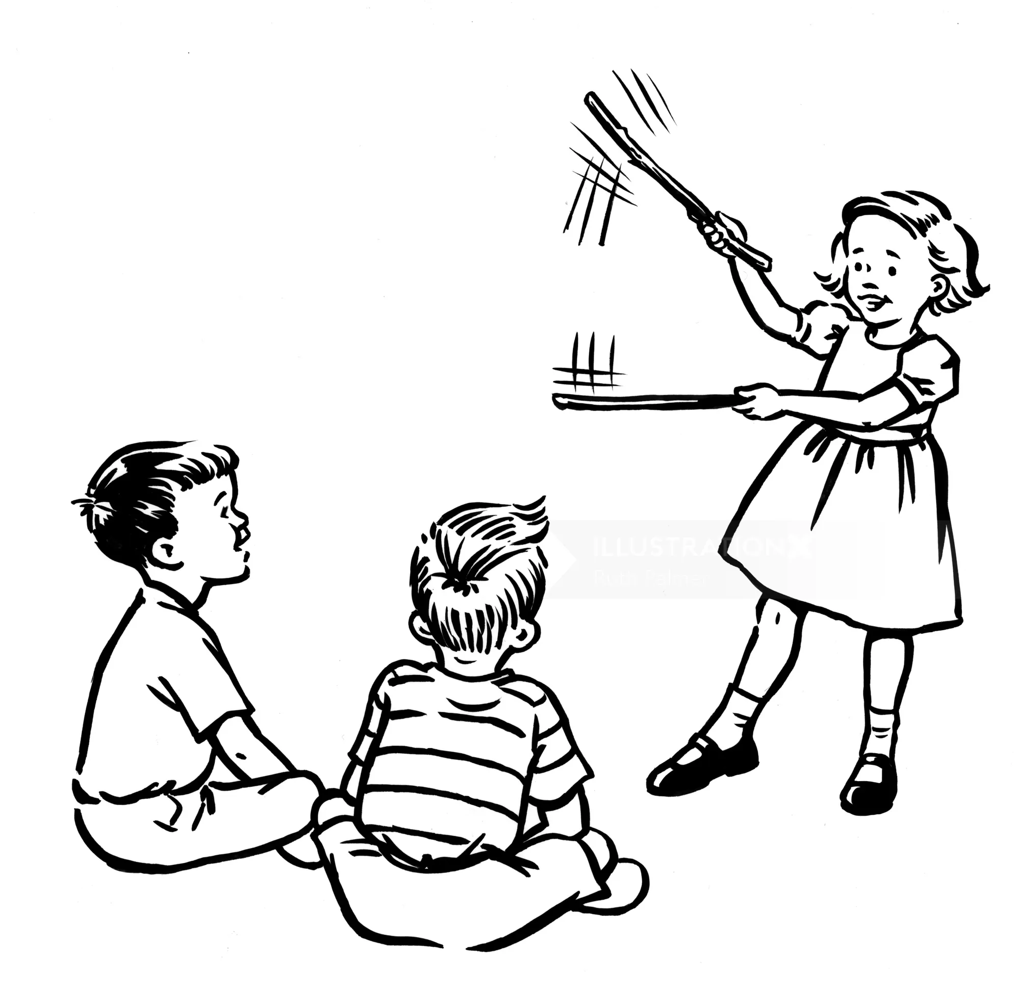 Kinder lernen an der Tafel – Schwarz-Weiß-Illustration von Ruth Palmer