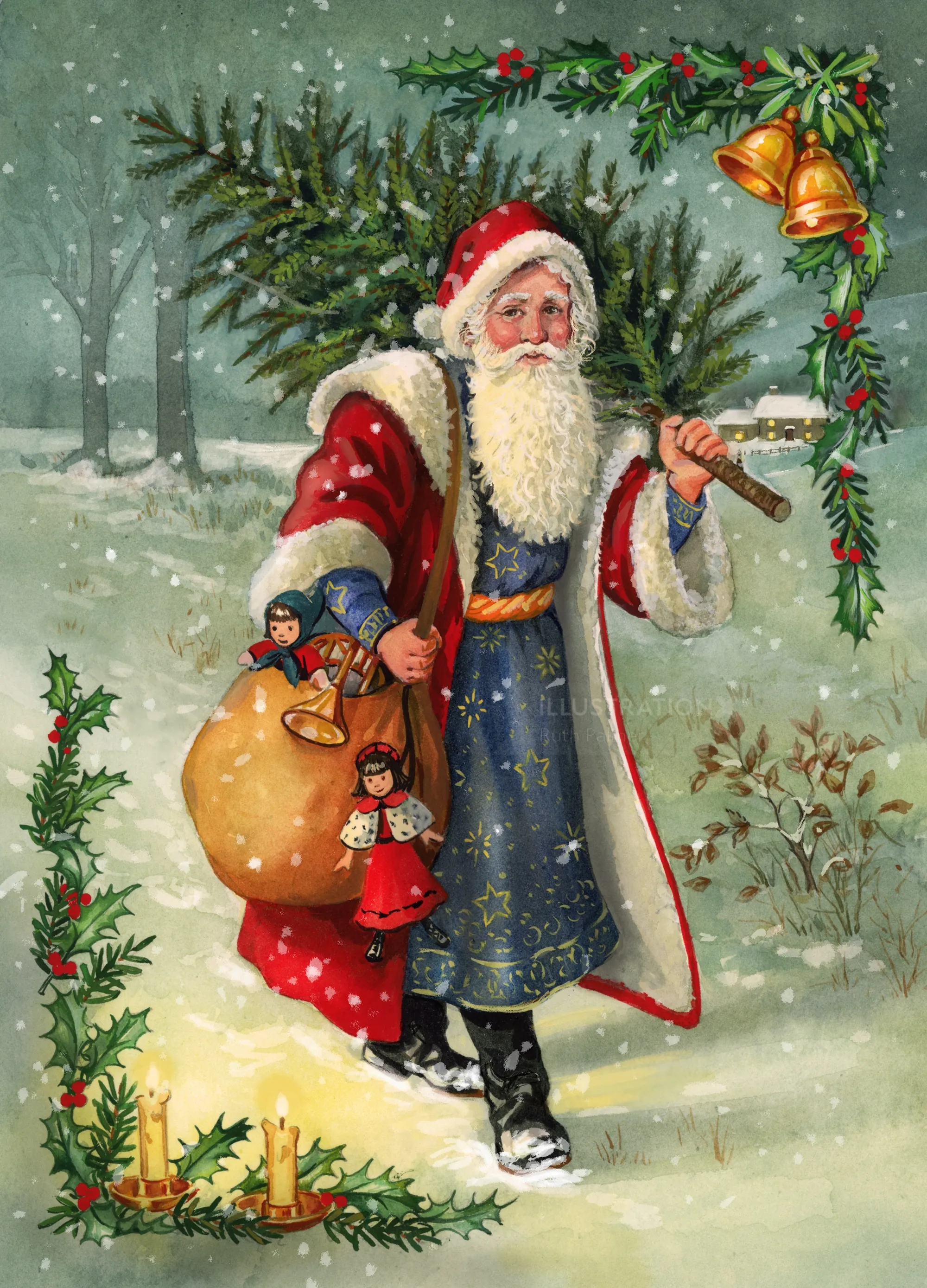 Vintage-Weihnachtsmann mit Spielzeugsack im verschneiten Wald von Ruth Palmer