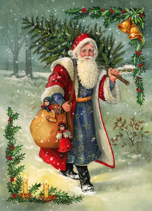 Vintage Santa Claus carrying sack of toys in snowy forest by Ruth Palmer