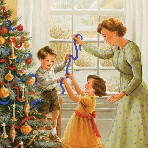 Mutter hilft Kindern beim Schmücken des Weihnachtsbaums mit Bändern und Ornamenten (von Ruth Palmer)