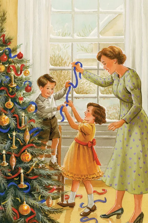 Mother helps children decorate Christmas tree with ribbons and ornaments by Ruth Palmer