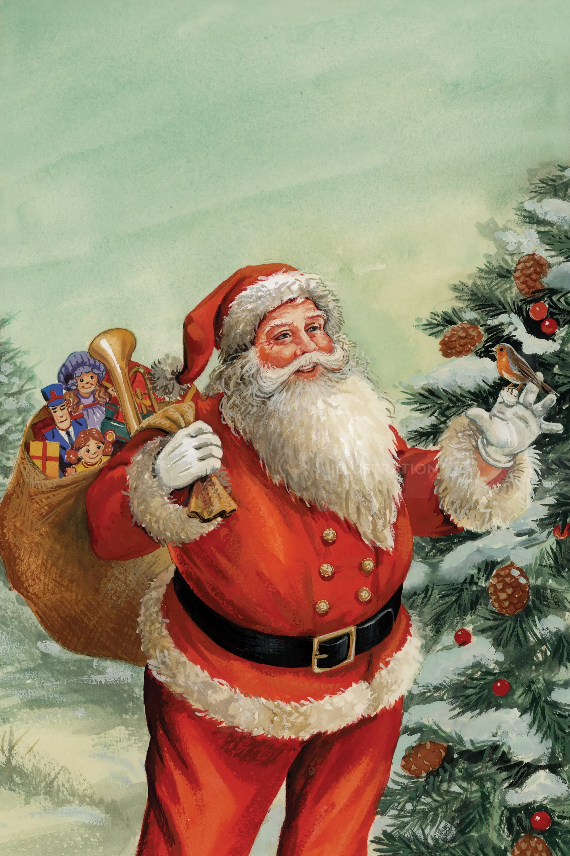 Vintage-Weihnachtsmann mit Geschenken an einem Weihnachtsbaum von Ruth Palmer