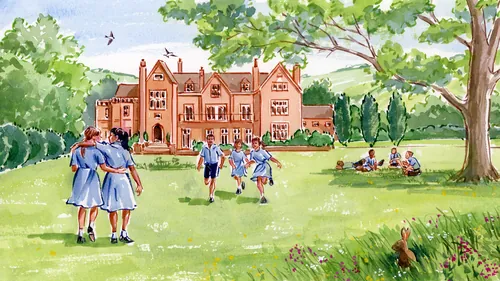 Children in blue uniforms playing near a large historic school building by Ruth Palmer