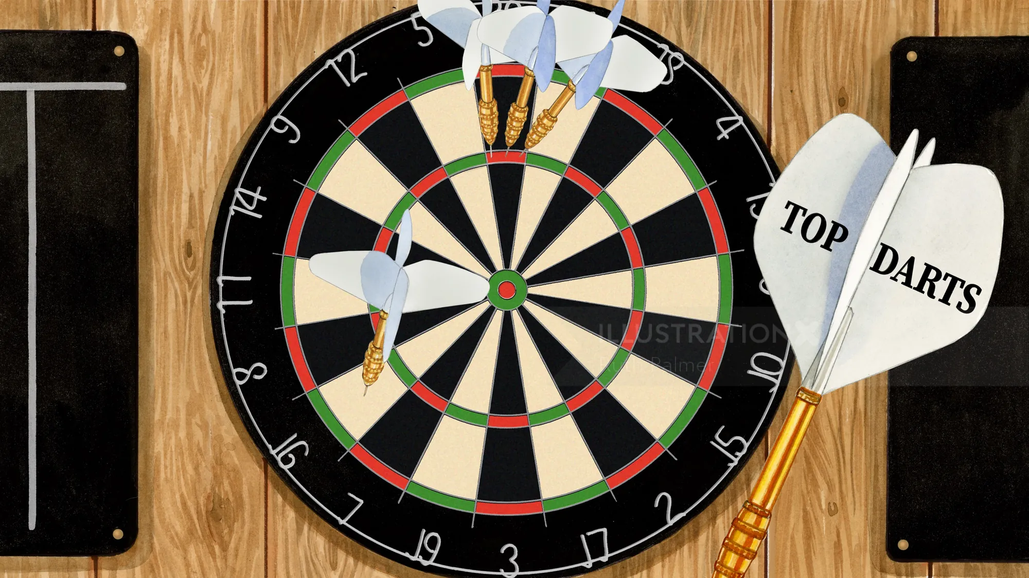 Alvo de dardos com dardos de papel etiquetados como TOP DARTS e duas pequenas figuras desenhadas nele, por Ruth Palmer