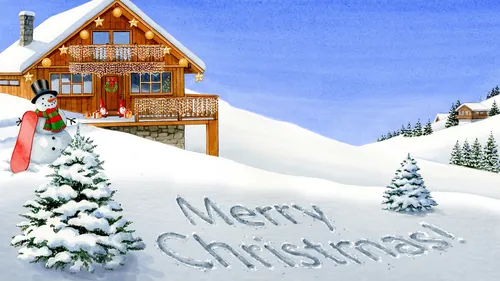 Chalé nevado e boneco de neve com mensagem de Feliz Natal, obra de arte de Ruth Palmer
