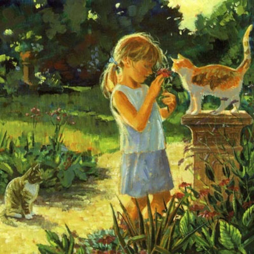 女孩和猫在花园里玩