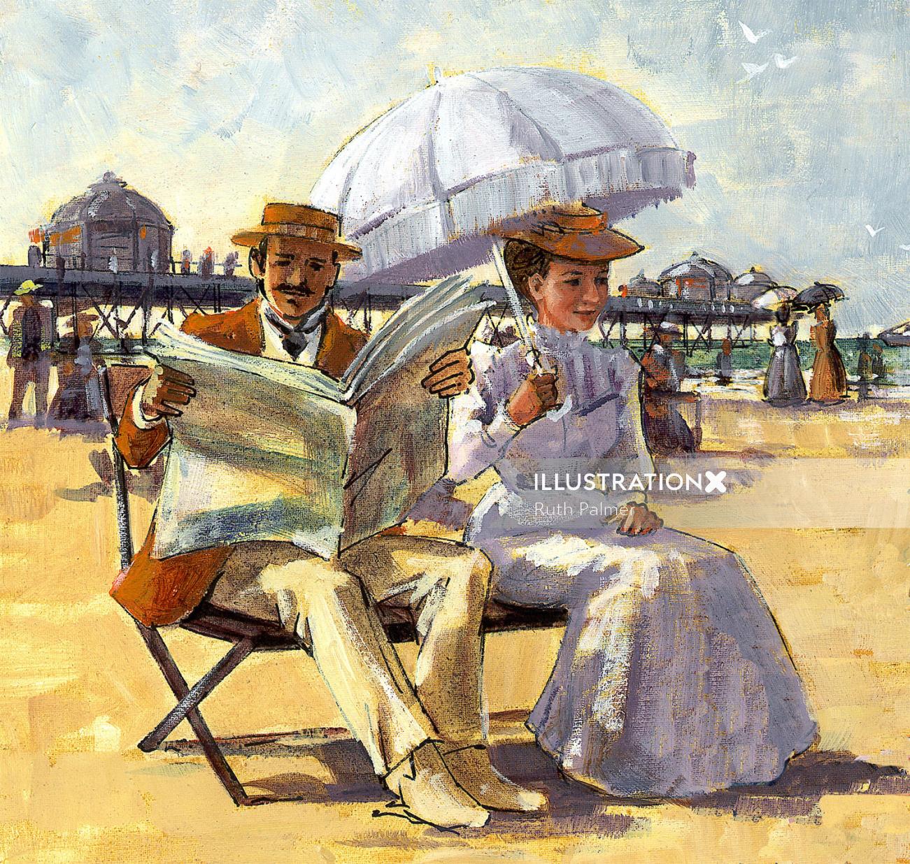 ビクトリア朝の海辺の油絵の具のイラスト