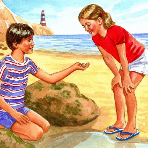 Retro illustration of kids playing at seaside