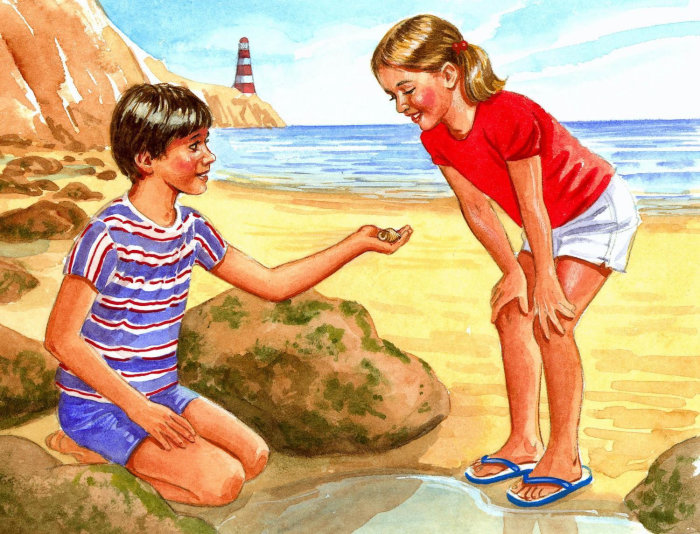 Retro illustration of kids playing at seaside