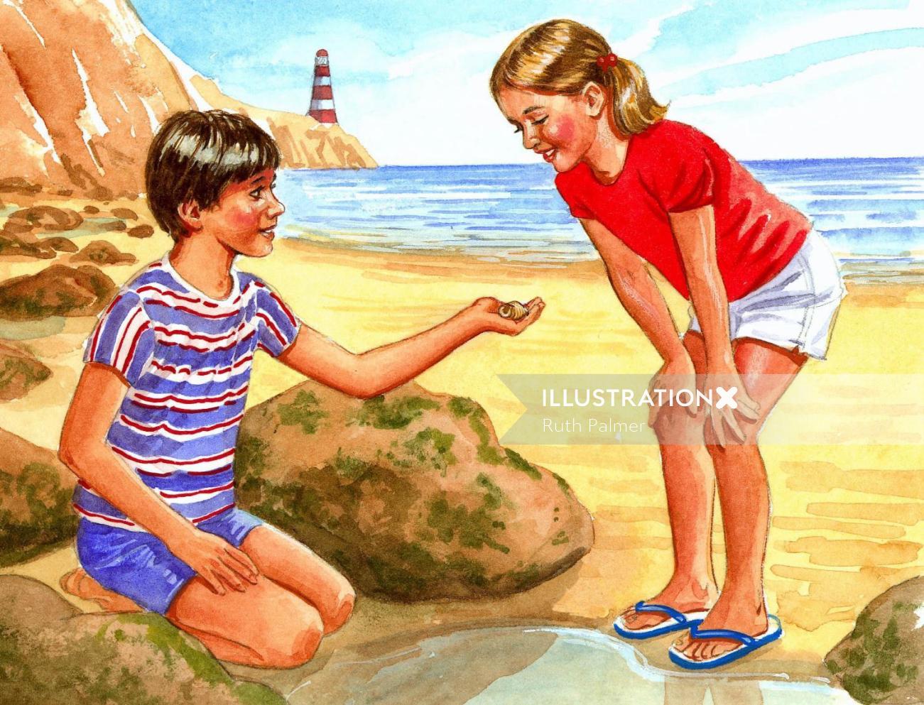 海辺で遊ぶ子供たちのレトロなイラスト
