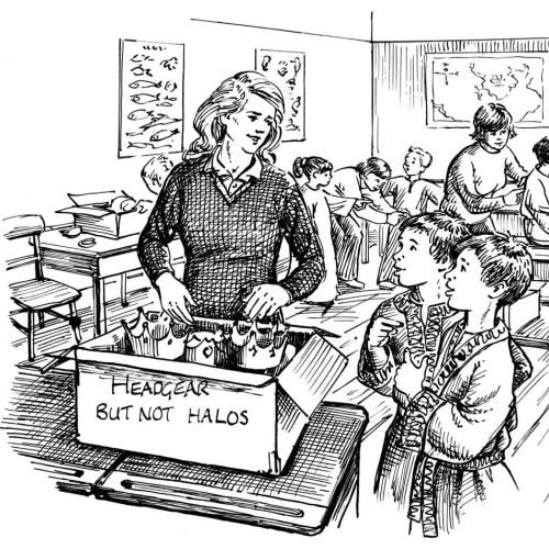 Vintage classroom scene with students and teacher, illustration by Ruth Palmer