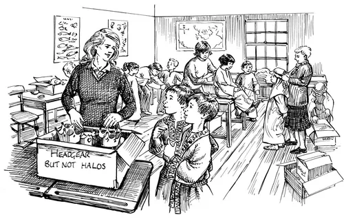 Vintage-Klassenzimmerszene mit Schülern und Lehrer, Illustration von Ruth Palmer