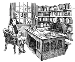 Woman and man in a library office setting by Ruth Palmer