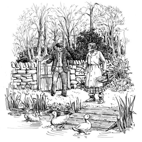 Victorian couple by pond with ducks and trees, drawing by Ruth Palmer