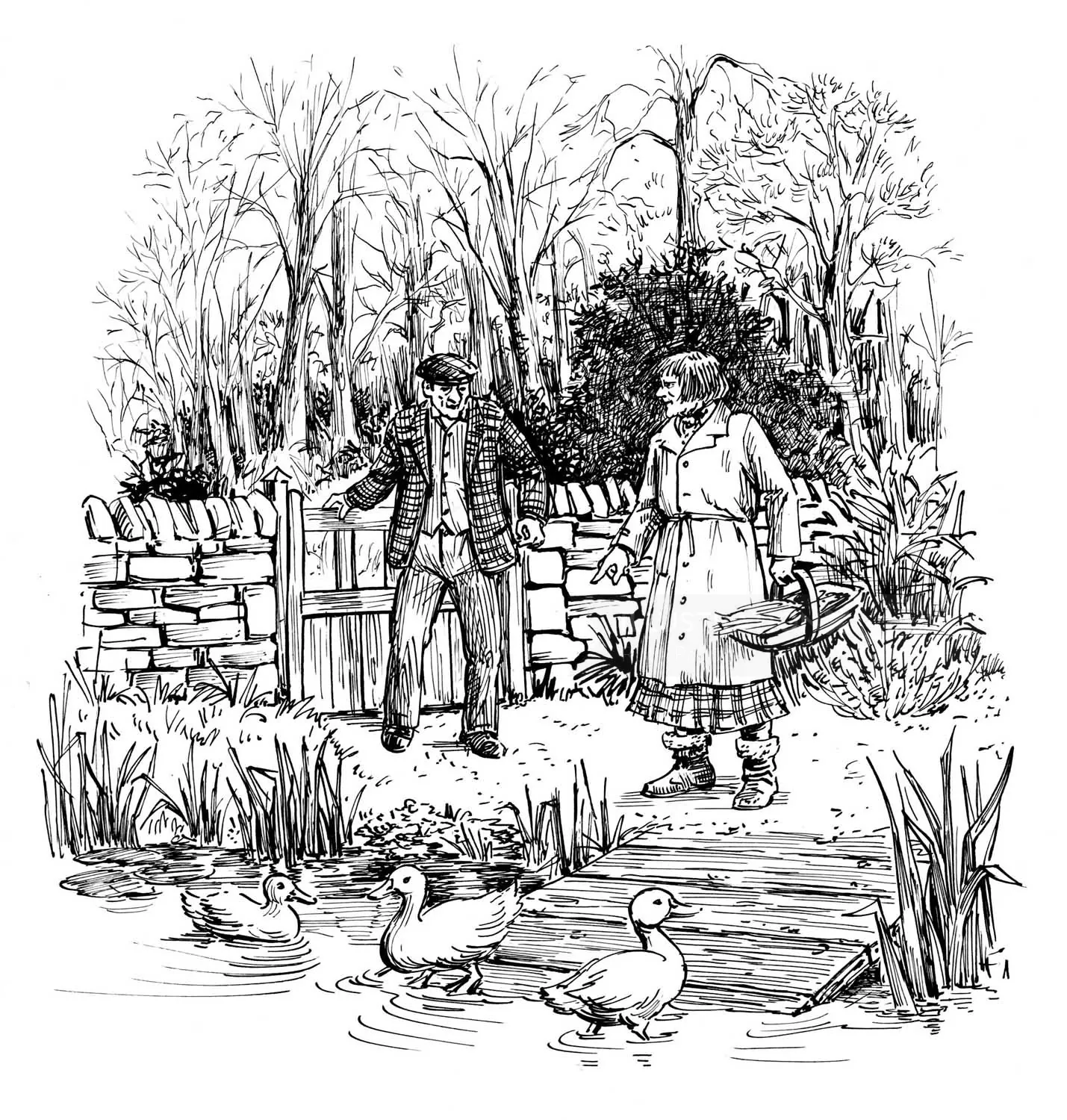 Casal vitoriano à beira de um lago com patos e árvores, desenho de Ruth Palmer