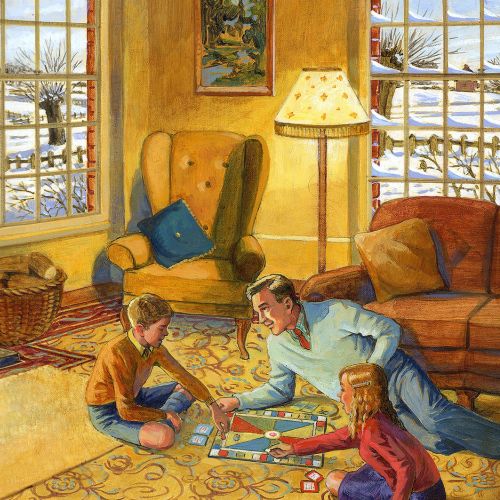 Family is playing board game together illustration