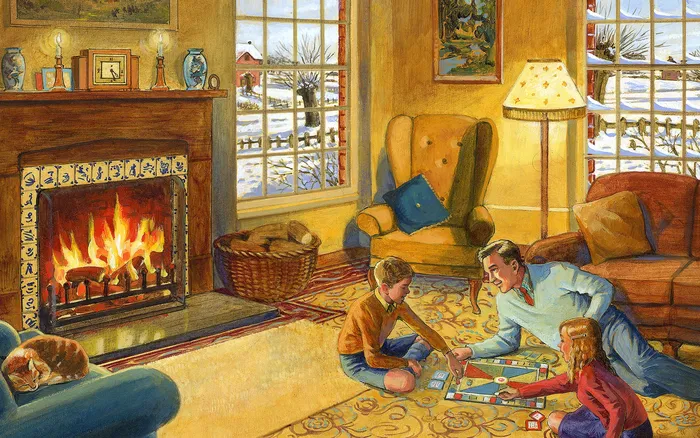 A vintage rendering of a fireside scene