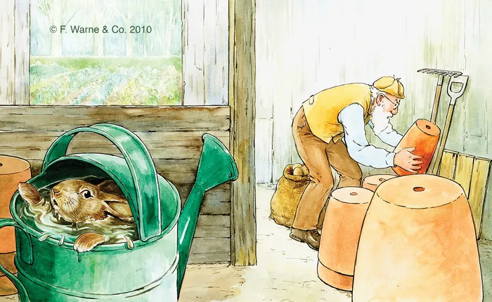 watercolor art of peter rabbit in watering can