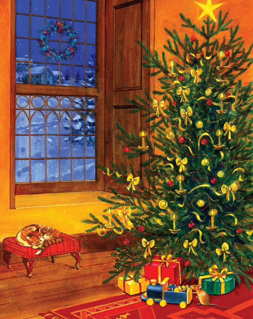 illustration of gifts around the christmas tree