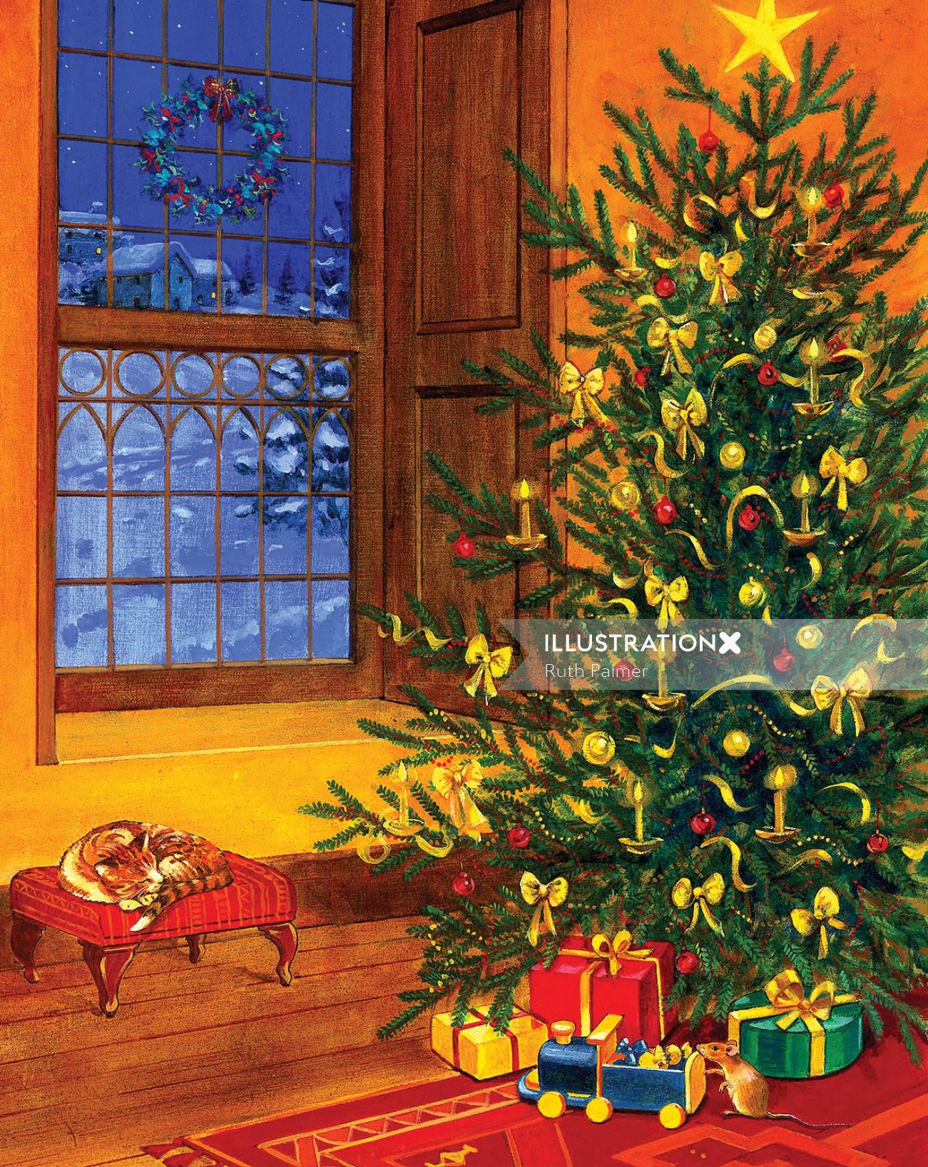 ilustração de presentes ao redor da árvore de natal