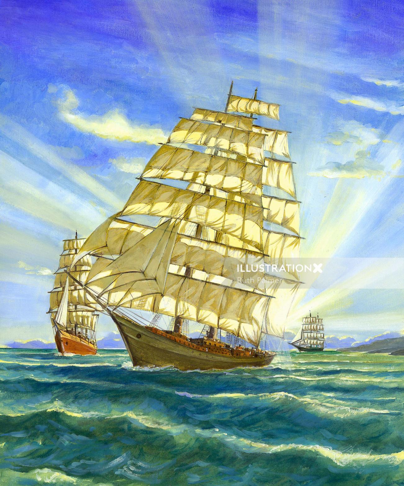 pencil artwork of old sailing ships