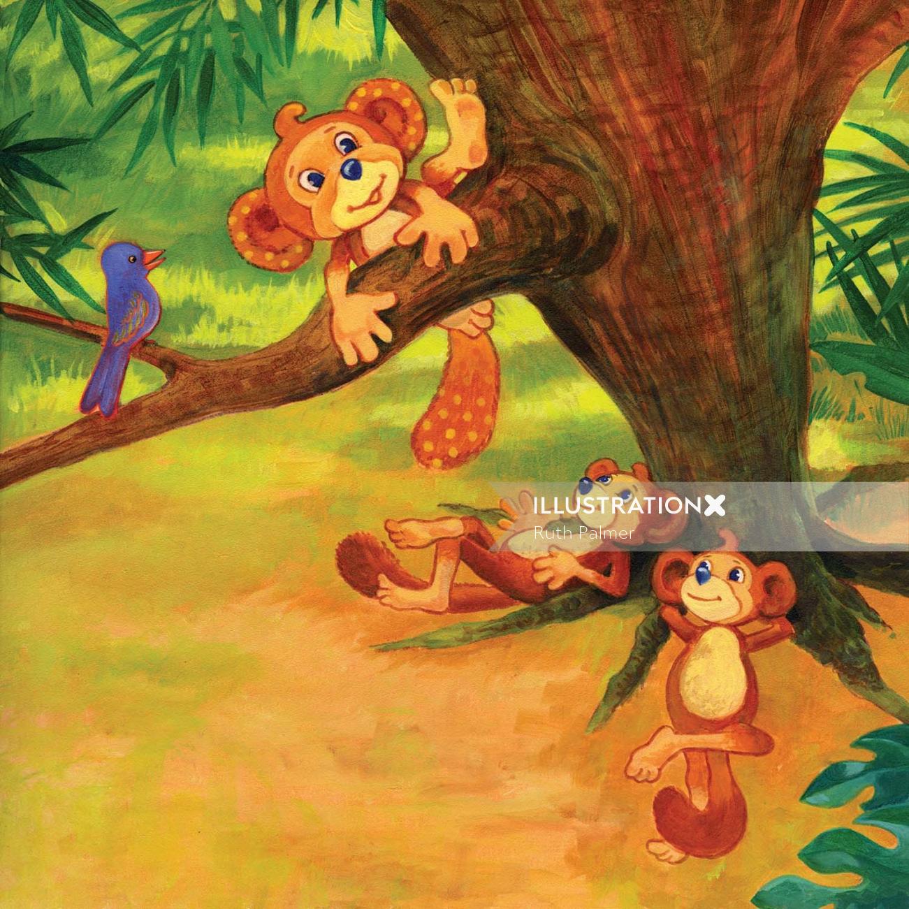 macacos pintados brincando na árvore