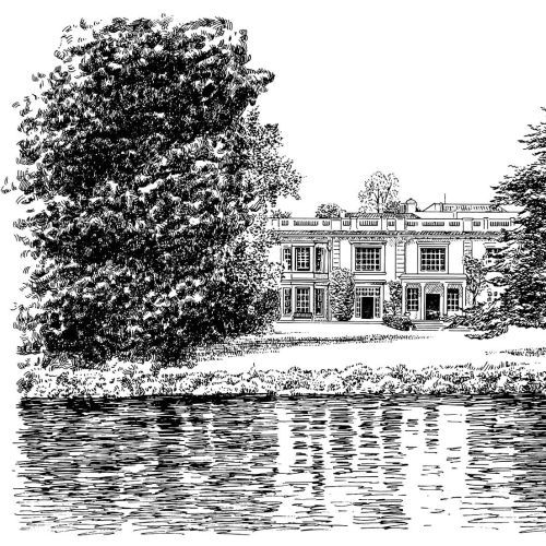 Line art of house with lake
