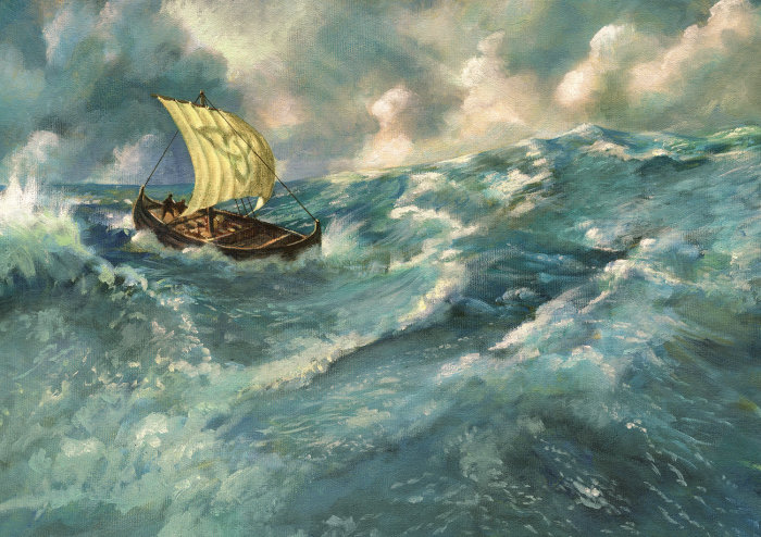 Pintura al óleo de un barco vikingo en el mar