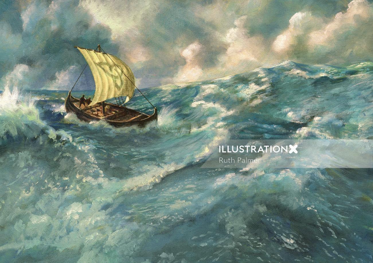 navio viking na pintura a óleo do oceano