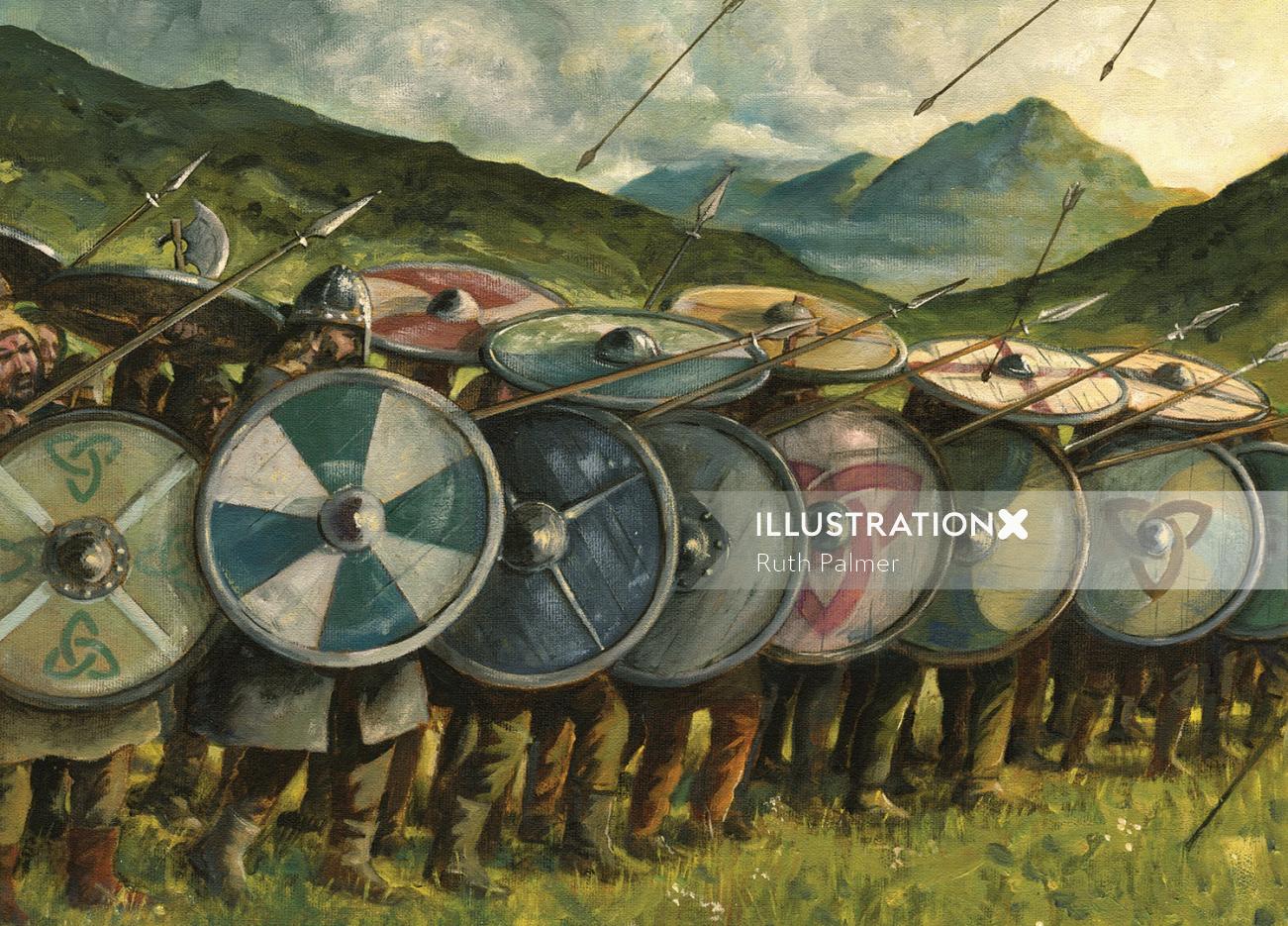 Pintura de arte da Idade Média Armadura com escudos