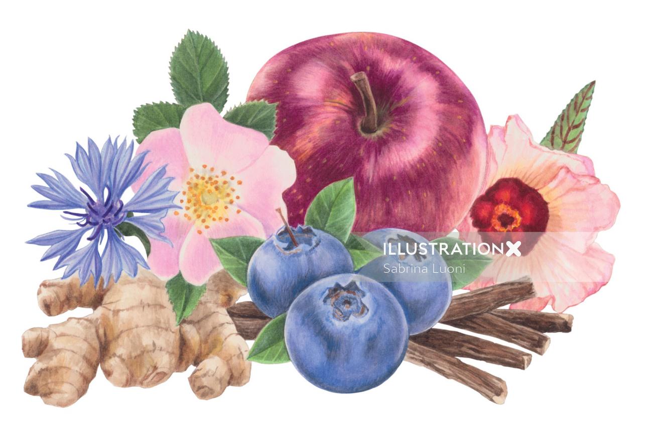 Pintura realista de frutas y flores.
