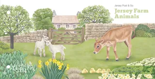 Jersey farm animals and flora in a countryside scene by Sabrina Luoni