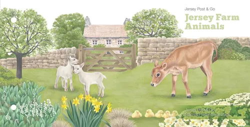 Jersey farm animals and flora in a countryside scene by Sabrina Luoni