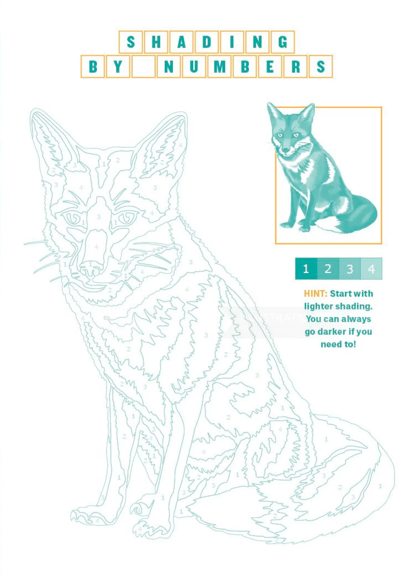 Fox outline with numbered shading guide for coloring