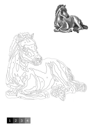 Black and white illustration of a reclining horse for shading by numbers